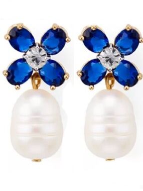 TORY BURCH BUDDY BLUE CLOVER PEARL DROP EARRINGS